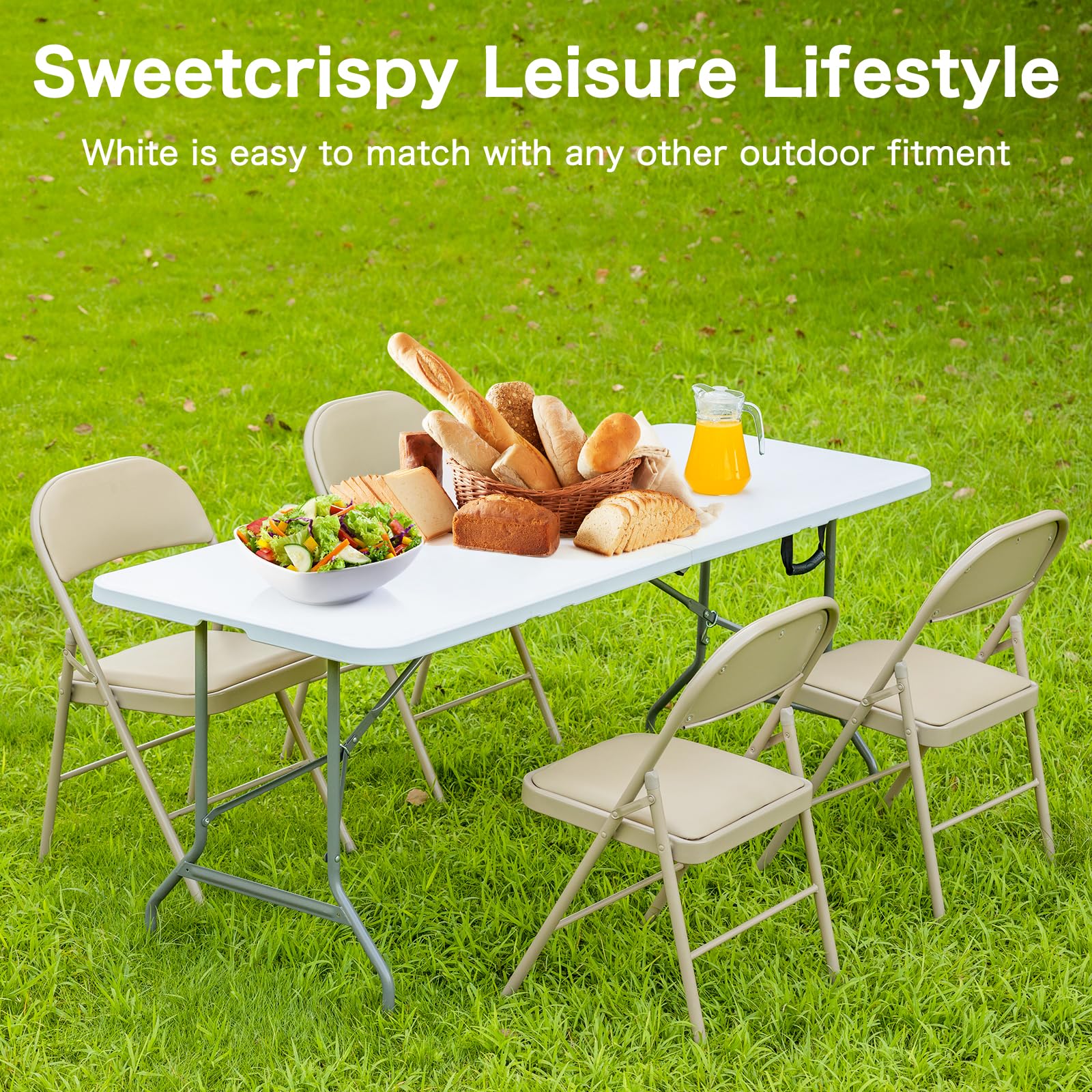 Sweetcrispy 4ft Folding Picnic Table with Carrying Handle Basic White